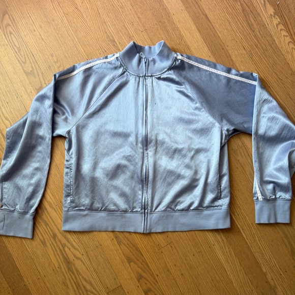 aerie Jackets & Blazers - Aerie Offline Women Light Blue‎ Satin Track Jacket Full Zip Striped Sleeve L
